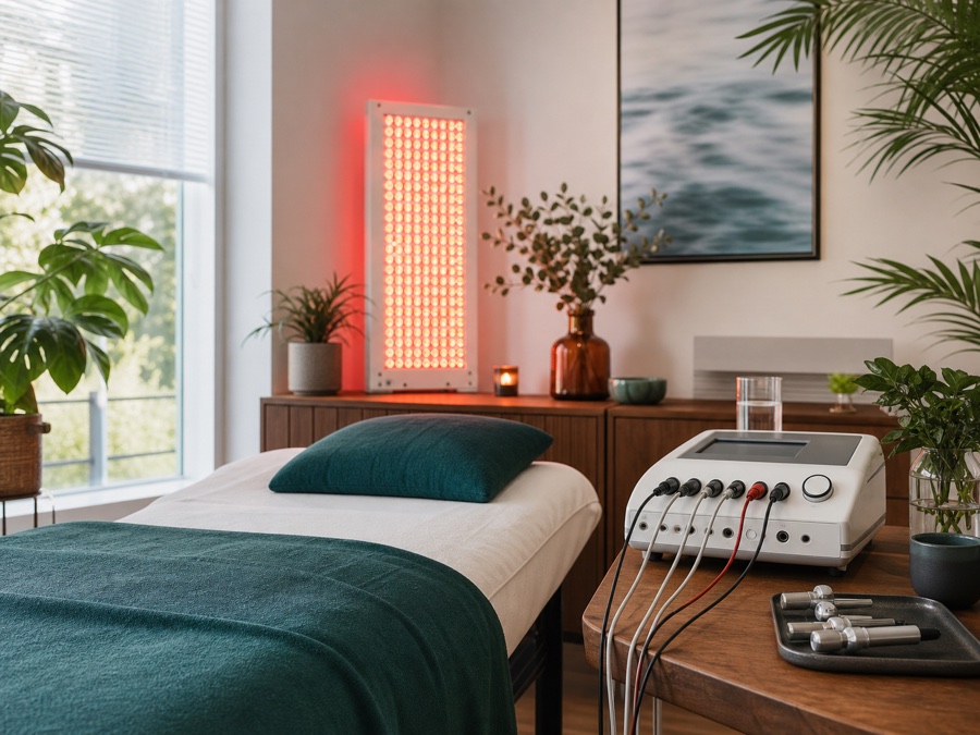 Ruhiger Therapieraum mit Lichtpanel und medizinischem Gerät