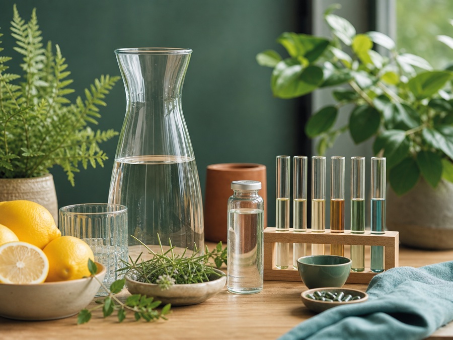 Wasser, Kräuter und neutrale Laborröhrchen in ruhiger Praxisatmosphäre